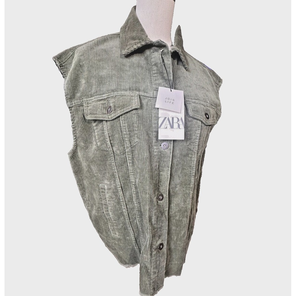 Zara Sage Green Corduroy Sleeveless Button Down Oversized Vest Raw Hem Small New